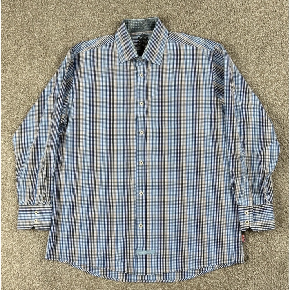 English Laundry Shirt Mens 17 34/35 Blue Check Embroidered Button Up Dress Shirt